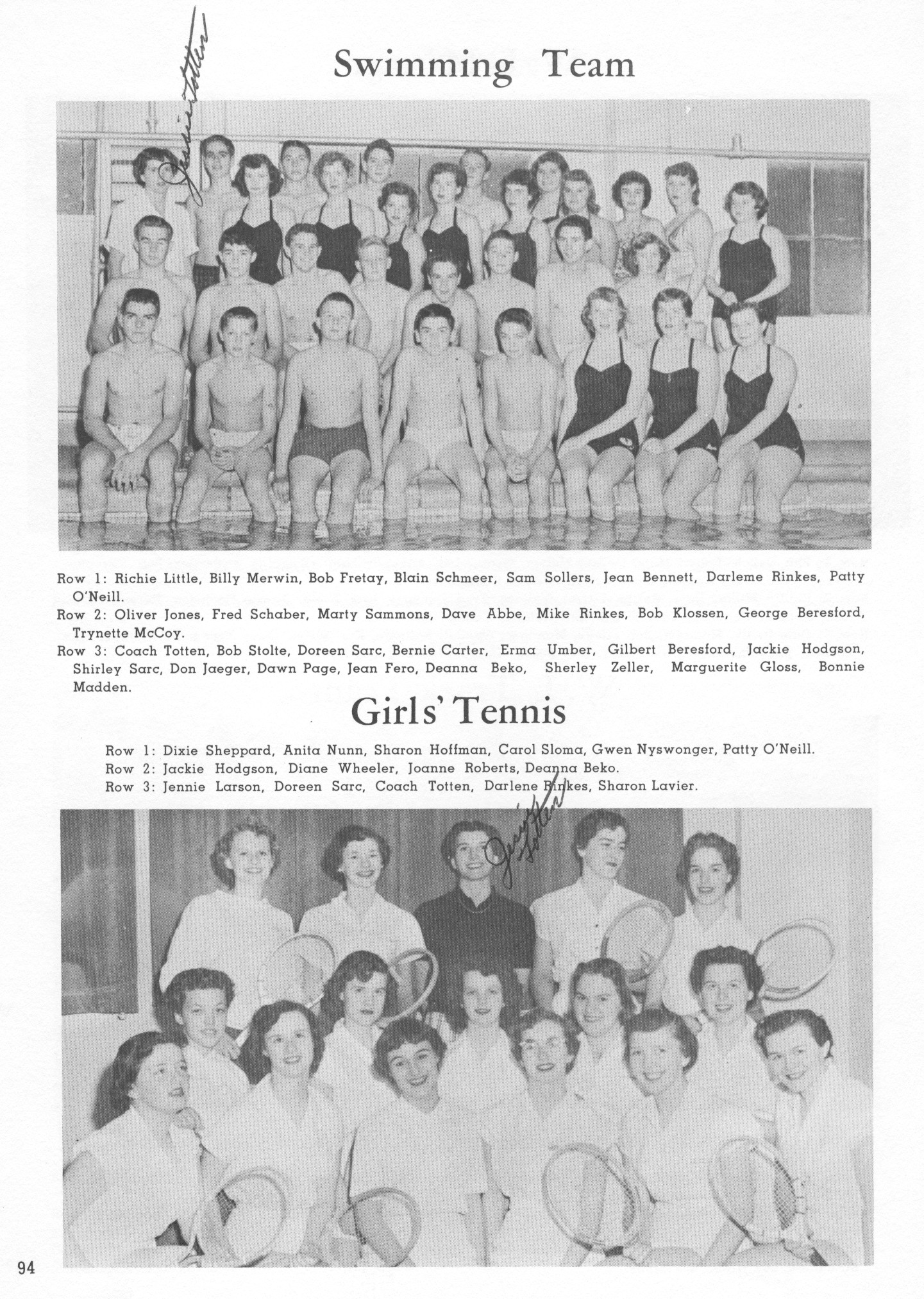 1955 swim team and girls' tennis 